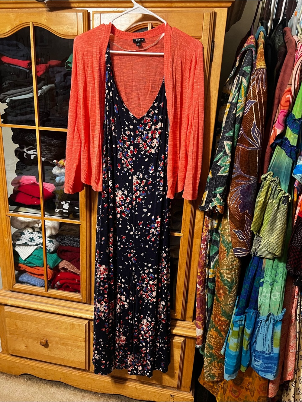 torrid Coral Cardigan with Navy Floral romper. Both pieces